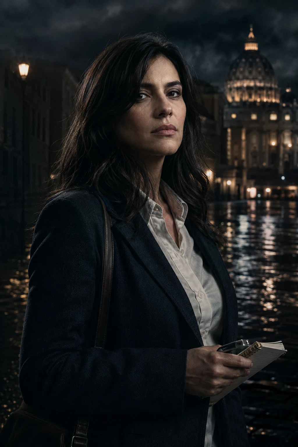 Ritratto di Anna Ferri, giornalista dai capelli scuri e dallo sguardo determinato, con abiti sobri dai toni chiari.