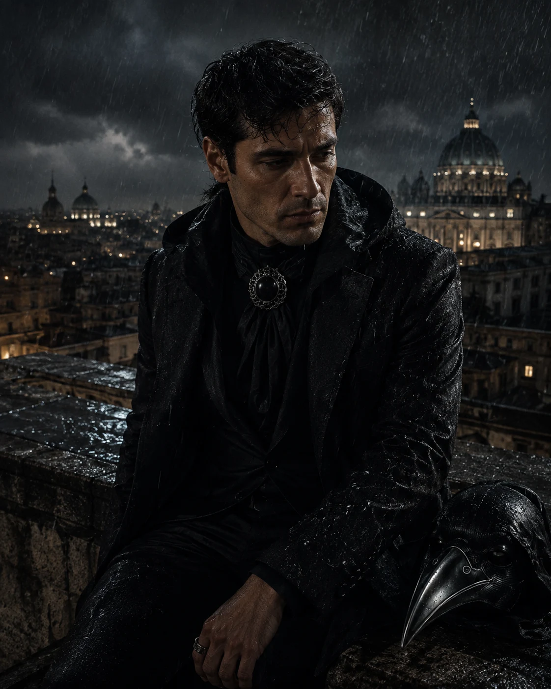 Emanuel sul tetto sotto la pioggia battente, con la maschera di Corvus appoggiata accanto a lui.