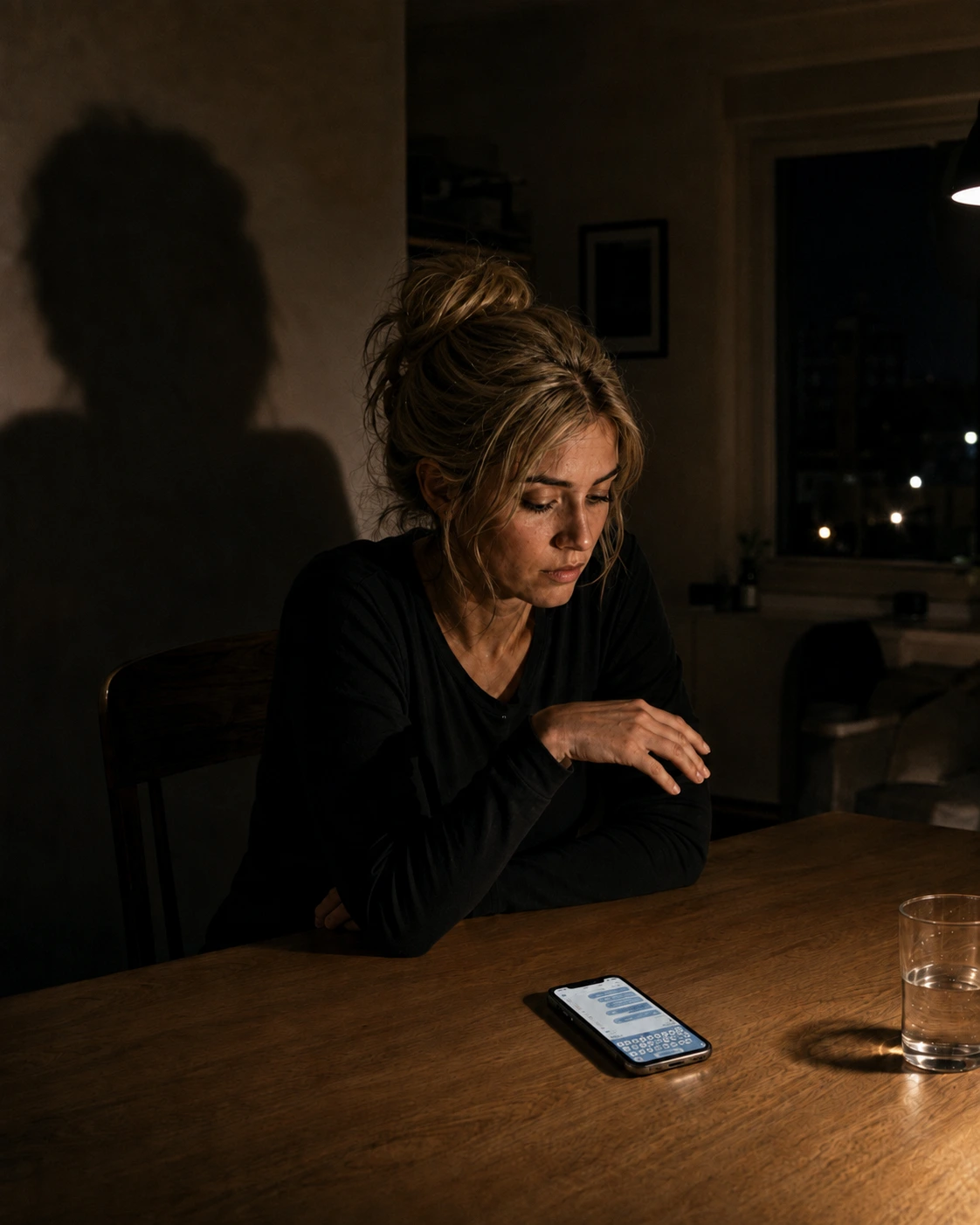 Sofia adulta, sola di notte a un tavolo, con il telefono acceso davanti a sé e la mano già ritirata; la sua espressione è calma e risolta, mentre un’ombra marcata ma realistica accompagna la scena.