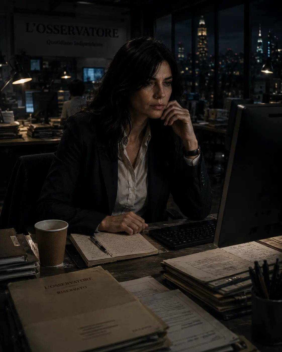Anna Ferri, sola di notte nella redazione de L’Osservatore, riflette davanti al monitor fra documenti e strumenti di lavoro; la città illuminata è visibile oltre le finestre.