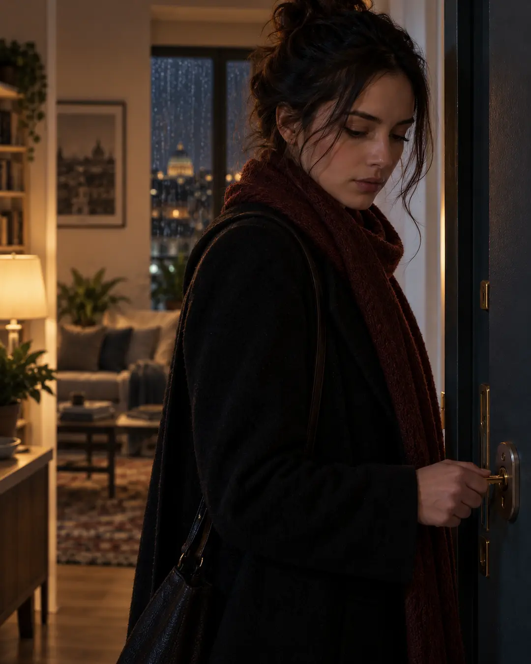 Anna Ferri, con il cappotto indossato, resta davanti alla porta dell’appartamento con la mano sulla chiave della serratura; oltre le finestre si intravede Roma nella notte piovosa.